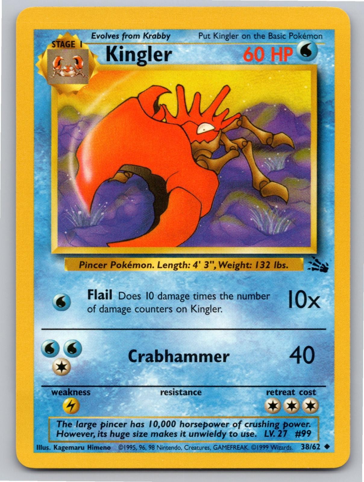 1999 POKEMON KINGLER FOSSIL 38/62 UNLIMITED UC NM A88695 FREE S&H