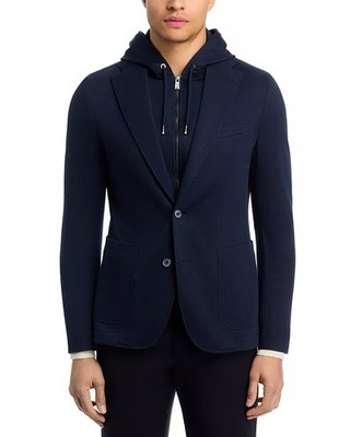 HUGO BOSS Hanry Slim Fit Jersey Sport Coat Removable Hood Size 44 R Navy Blue