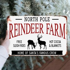 North Pole Reindeer Farm Metal Tin Sign Vintage Christmas Wall Art Home Decor