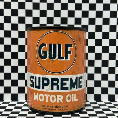 Retro Gulf Supreme Motor Oil Metal Can Wall Decor Open Road Brand