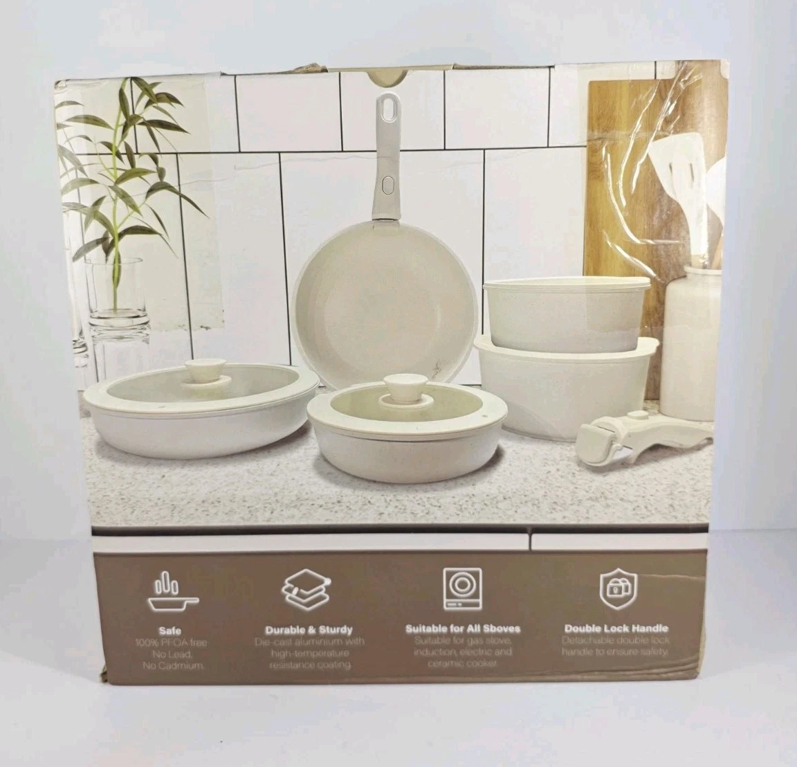 Vorisebo Pots and Pans Set Non Stick, 11 PCS Nonstick Cookware Set, White