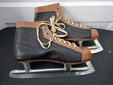 Vintage 1950s Mens Leather Two-Tone Ice Hockey Skates Blades S. 9 43 Brown/Black
