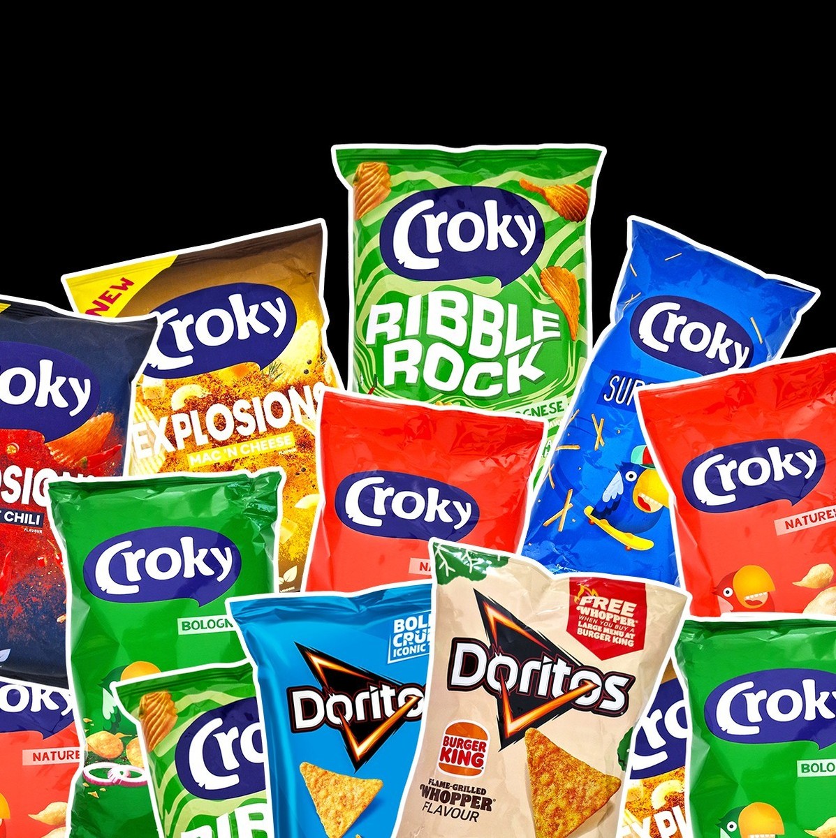 Patata Croky & Doritos + chips de maíz, pimentón, Burger King (como capas, cheetos)