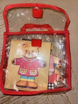 Vtg Dressing Berta Bear Wooden Puzzle Mix And Match Bear Girls W/ Tote 17 Pieces