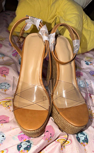 Fashion Nova Women’s Clear Strap Espadrille Wedge Sandals Ankle Buckle Size 8