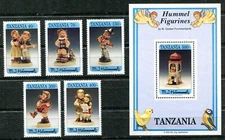TANZANIA 1994, HUMMEL CERAMIC FIGURINES,  MUSIC, 5 STAMPS AND 1 S/S, MNH