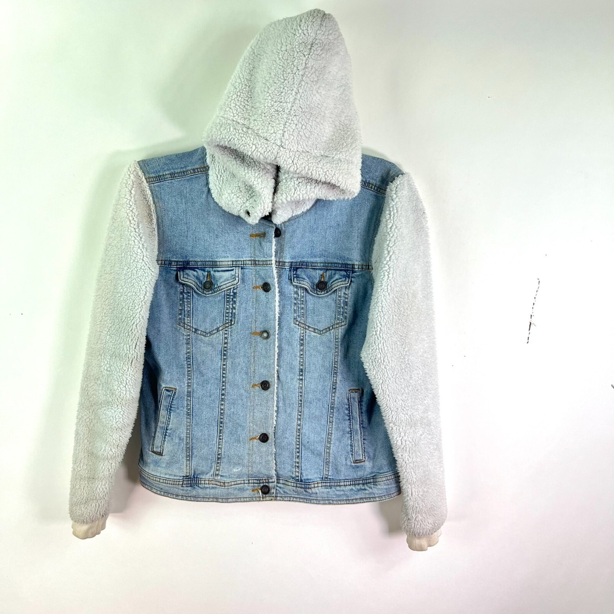 MAURICES Denim Sherpa Faux Fleece Hooded Jacket Women's Size L Blue EUC