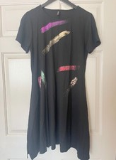 Women Graphic Paint Brush Drawing Stroke Black Short Sleeve Dress Irregular Hem