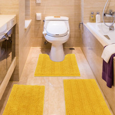 Striped Yellow Bathroom Rug Set 3 Pieces Ultra Soft, Non Slip Chenille Toilet Ma