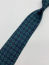 Mans Tie Turnbull Asser Navy Green Circle Dots  Fine Silk  58 in X 3 1/2
