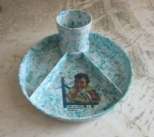 American Molding Co advertising baby dish, cup. St. Louis, MO. Green