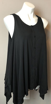 Black Sleeveless Blouse NWT WD.NY Two Layer Flowing Cape Full Button Down Sz L