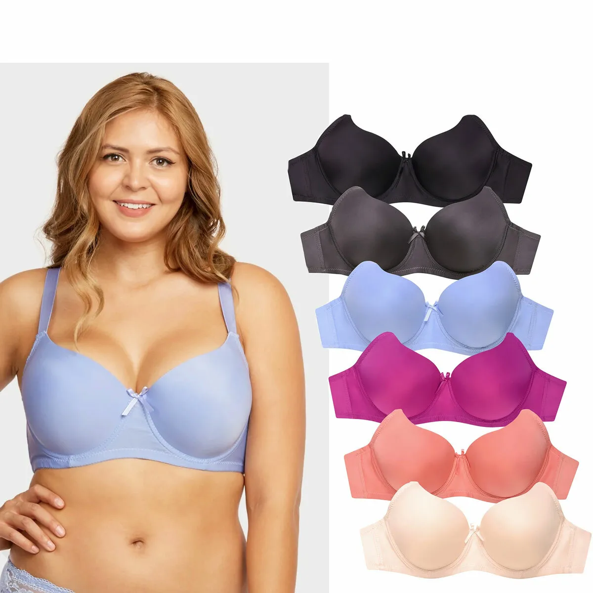 Pack of 3 Womens Full Coverage D Cup Plain Underwire Support Push Up Bra 34D-44D