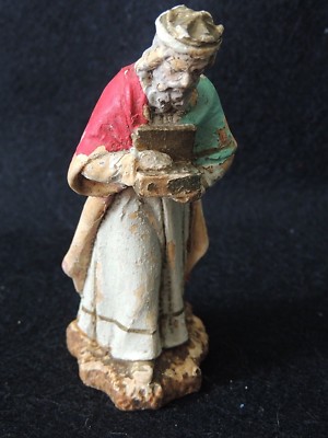 Ancien santon de crèche, Roi mage Melchior, fait et peint à la main