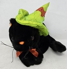Vintage Dan Dee Black Cat Plush Green Witch Hat Halloween 8" Polyester W Tags