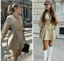 Zara Poplin Button Front Fit And Flare Mini Shirt Dress Camel Brown A Line Sz M