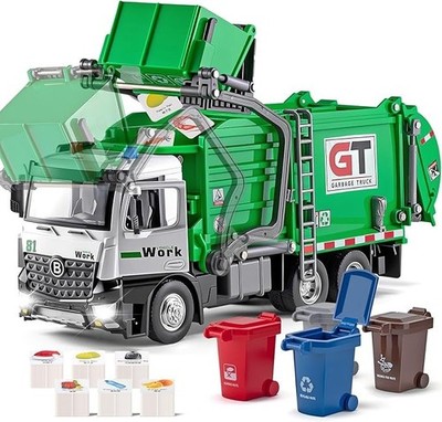  Garbage Truck Toys Metal Cab, Realistic Trash Truck Toys for Boys Kids with Lig