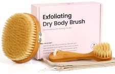 Bamboo Dry Brushing Body Brush Set, Natural Exfoliating Boar Bristle Face B...
