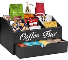 Coffee Bar Organizer Countertop, Wooden Bar Accessories With Drawer, Coffee S...