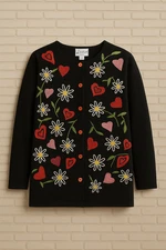 VTG Michael Simon Lite Floral Sweater Women’s M Black Knit Hearts Flowers