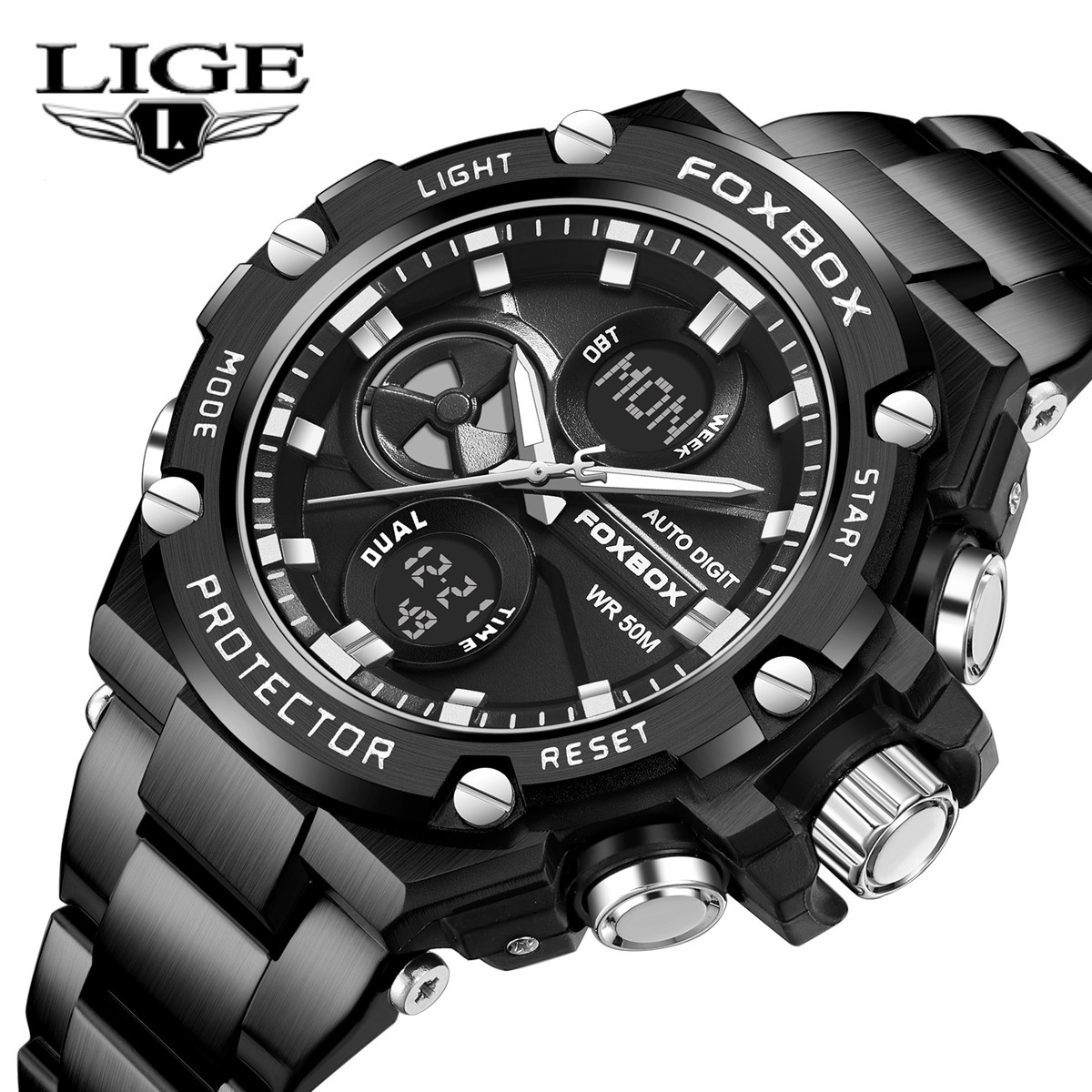 LIGE Men Watch Stainless Steel Sport Digital Wristwatch LED Display Stopwatch