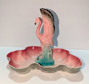 Vintage Los Angeles Potteries Pink Pond Bowl And Rare Flamingo Figurine 1950s