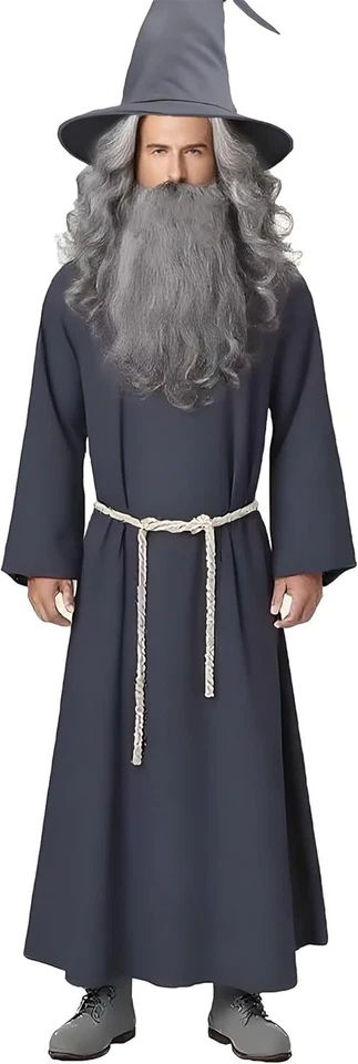 Conjunto de Disfraz de Mago Gris para Hombre 5 Piezas Conjunto con Sombrero de Mago de Fieltro, Bata, Largo Gris Foto 3 de 4