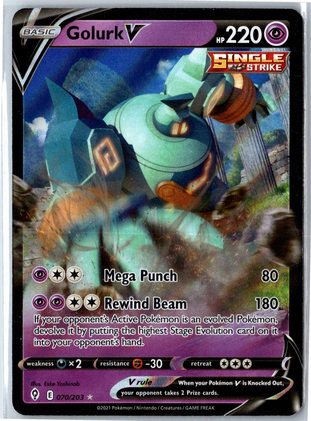 Pokemon 2021 Golurk V Ultra Rare Holo SWSH07 070/203 NM