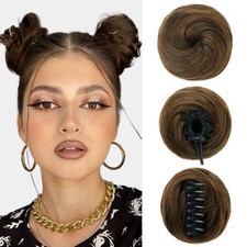 Space Bun Hair Pieces 2PCS Mini Claw Clip in Messy Fake 3, Brown Highlight