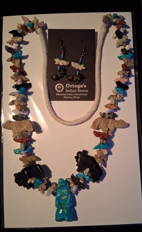 Native Zuni Southwestern Animal Fetish Multi Stone Turquoise Coral Onyx Necklace