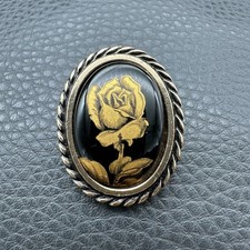 Vintage Western Germany Tuchclip Schalring Rose Schwarz Glas Gold Ton Gemarkt 50