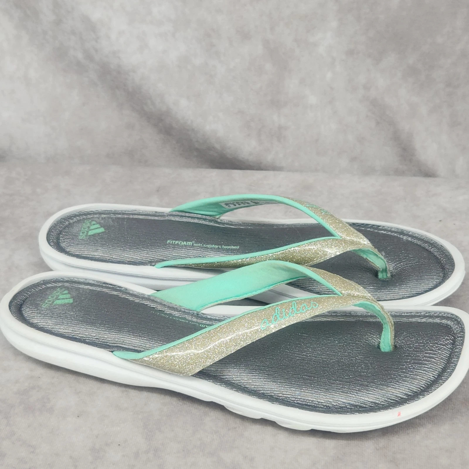 Adidas Fitfoam infradito infradito sandali donna taglia 11 argento verde glitter