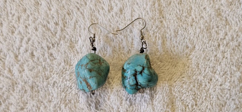 Vtg. ' Native American Indian ' Huge Turquoise Stone Nuggets Dangle Earrings