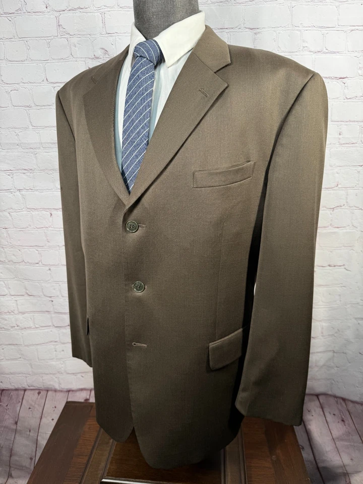 J. FERRAR Mens Brown Classic Fit Wool Pleated 2 Piece Suit 46R Jacket 42x31 Pant - Image 3 of 4