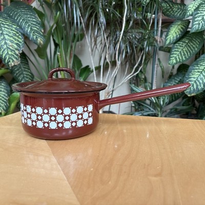 Vintage Enamelware Brown White Enamel Pot Pan Retro Pan Mid Century NOS