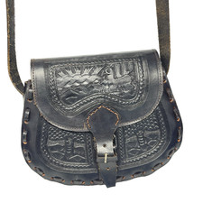Vintage Hand Tooled Leather Brown Embossed Llama Saddle Western Crossbody Bag