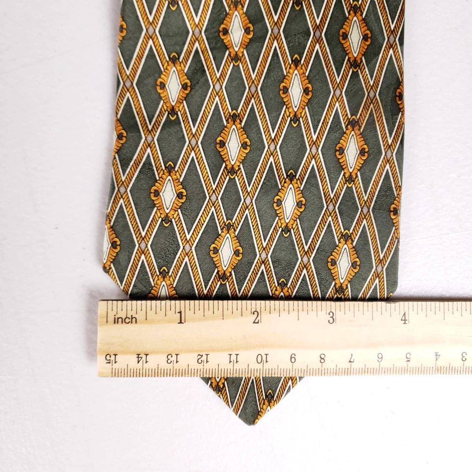 Alexander Lloyd 领带绿色黄金几何钻石图案男式领带 — 第 4/4 张图片