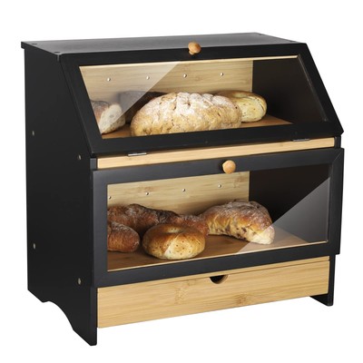 Large Bamboo Two-layer Bread Box With Drawer, Double Layers Large Bread Box f...