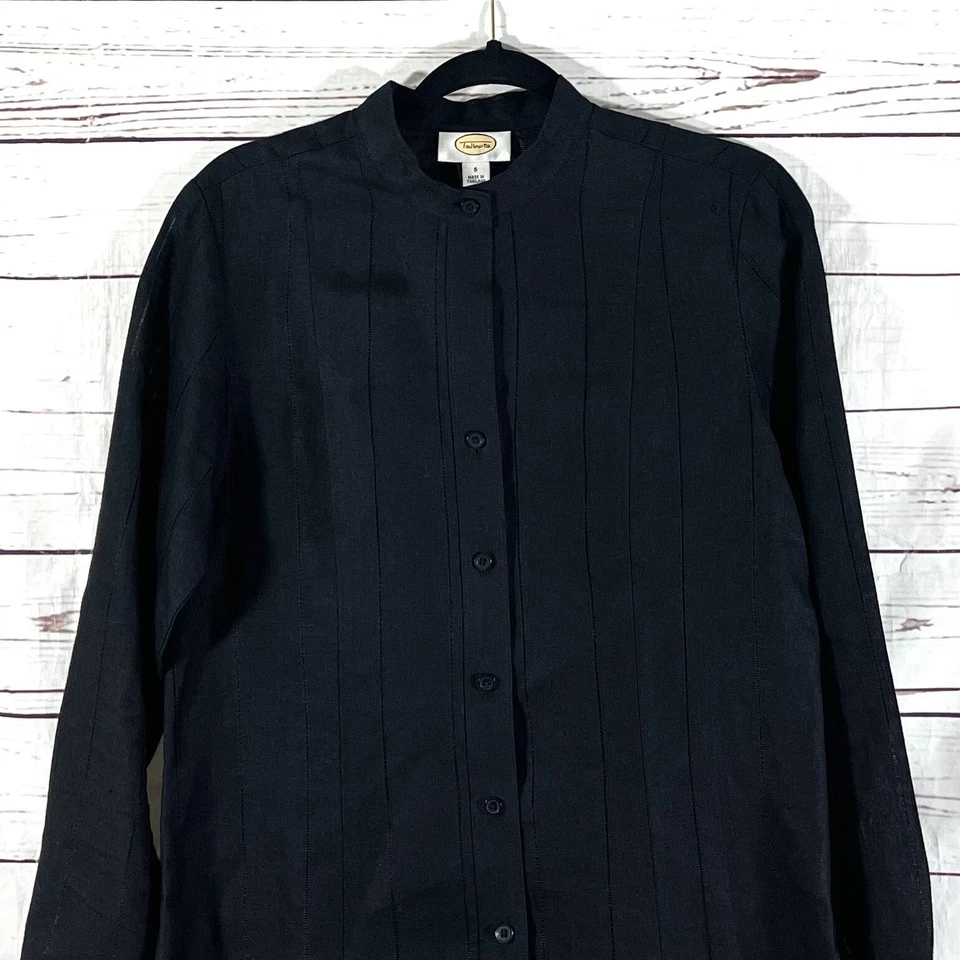 Talbots Womens Top Size 6 Black Linen Button Up Long Sleeve Band Neck EUC - Image 2 of 4
