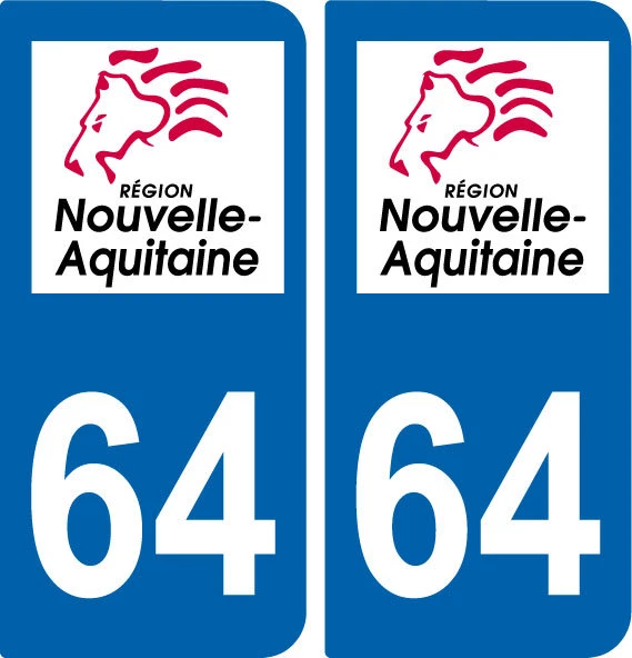 SAFIRMES 64 REGION AQUITAINE / 2 STICKERS AUTOCOLLANT PLAQUE IMMATRICULATION DEPARTEMENT