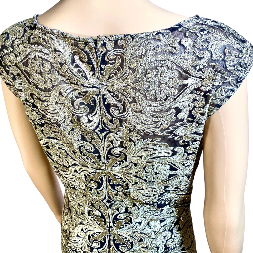 David Meister Evening Wear Metallic Gold Brocade Lace Fit & Flare Gown Sz 8 - Image 4 of 4