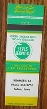 QUAKER STATE MOTOR OIL MATCHBOOK MATCHCOVER: KRAMER'S 66 GAS (SALEM, IOWA) -E15