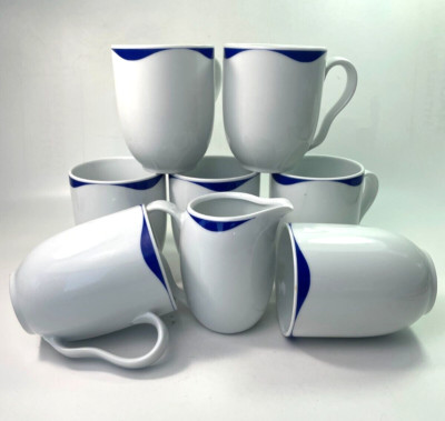 Crate & Barrel Kahla Breeze Blue Coffee Mugs 10oz Creamer 8oz Germany Cups B64