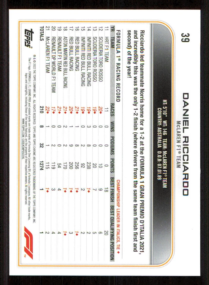 2022 Topps Chrome Formula 1 #39 Daniel Ricciardo - Image 2 of 2