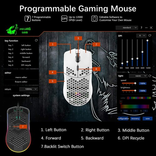 PC 2.43oz Wired Gaming Mouse Honeycomb Shell Lightweight 6400DPI USB Gaming Mice - Picture 9 of 20