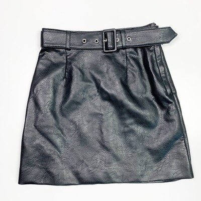 H&M Black Faux Leather Mini Skirt Belt Buckle Women’s Size Cocktail Party 