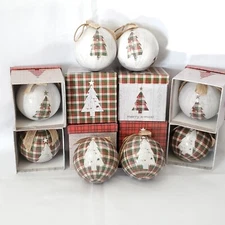 Christmas Tree Ornament Rustic Lodge Cabin Natural Green Burgundy Plaid Lot of 8