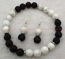 New Natural Beautiful 8mm White Turquoise Lava  Gemstone Bracelet Earrings 7.5in