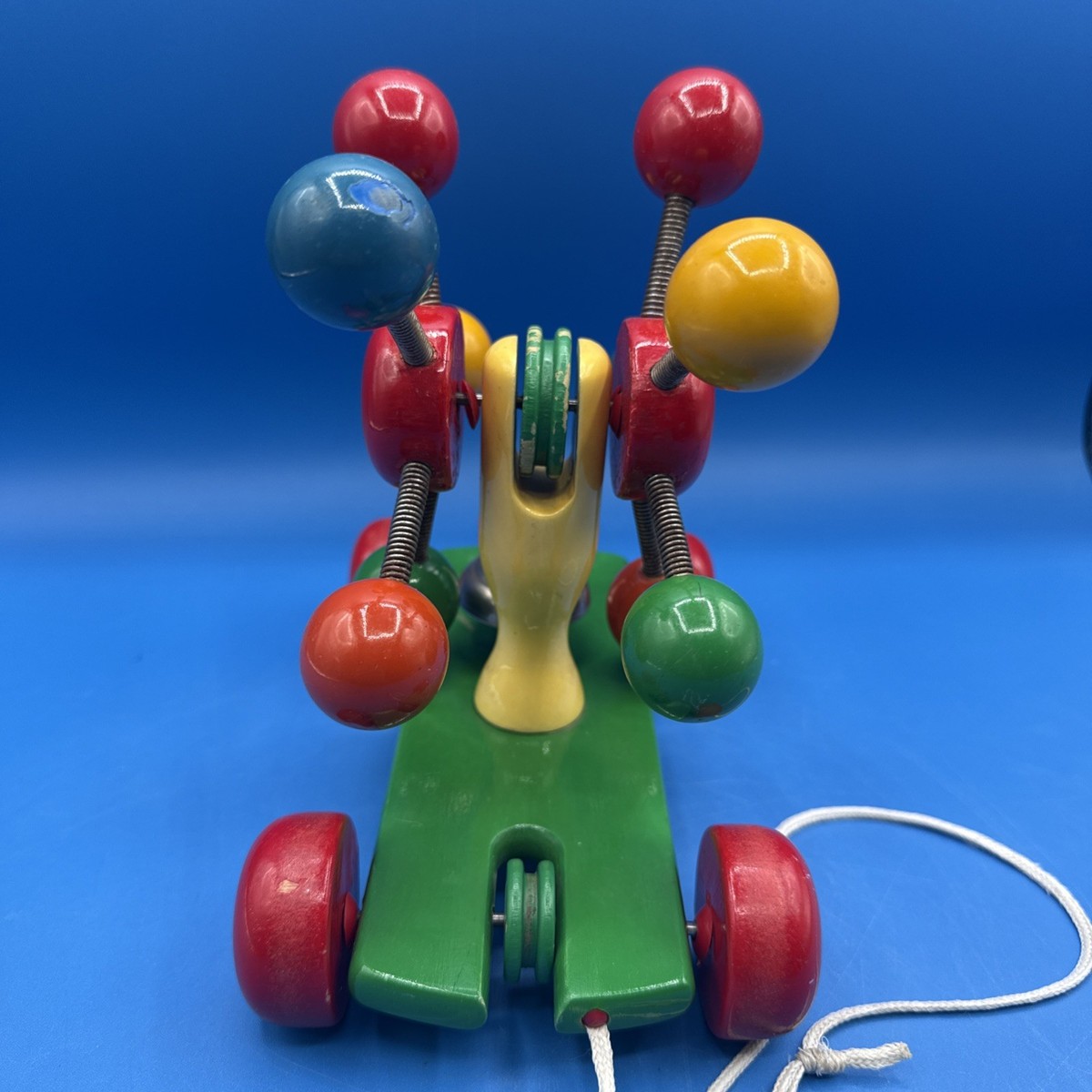 Vintage Kouvalias Wooden Pull Toy Greece Colorful Spinning Bell