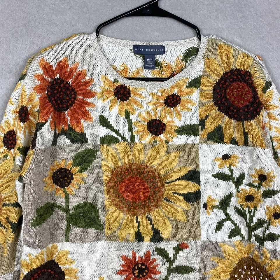 Suéter tejido girasol vintage Northern Isles para mujer M amarillo Cottage Core Foto 3 de 4